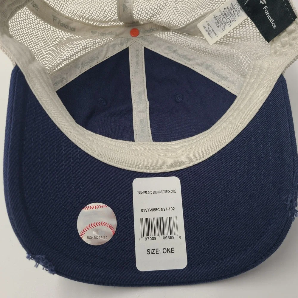 New York Yankees Hat Snapback Trucker Mesh Fanatics Blue‎ Beige MLB Distressed